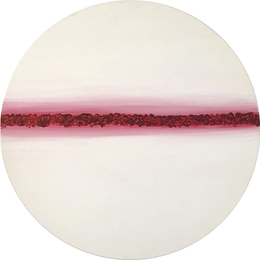 Cuadro con lienzo redondo pintado con pintura acrílica y acuarela y focalizando la obra en la textura. Asymetric Kosmos está incluido en la colección Imperfect Kosmos