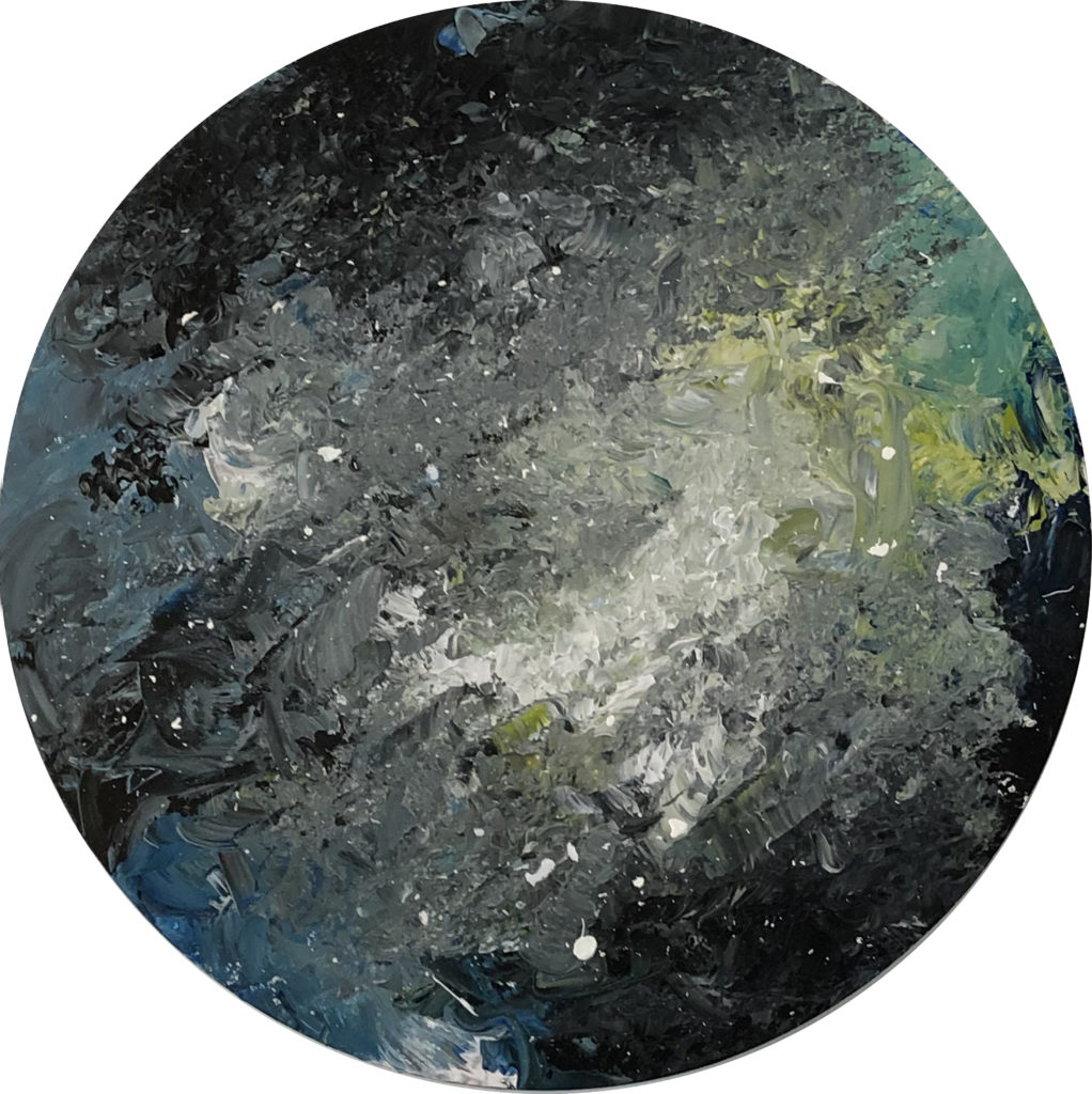 Cuadro con lienzo redondo pintado con pintura acrílica y acuarela y focalizando la obra en la textura. Final Cosmos está incluido en la colección Imperfect Kosmos