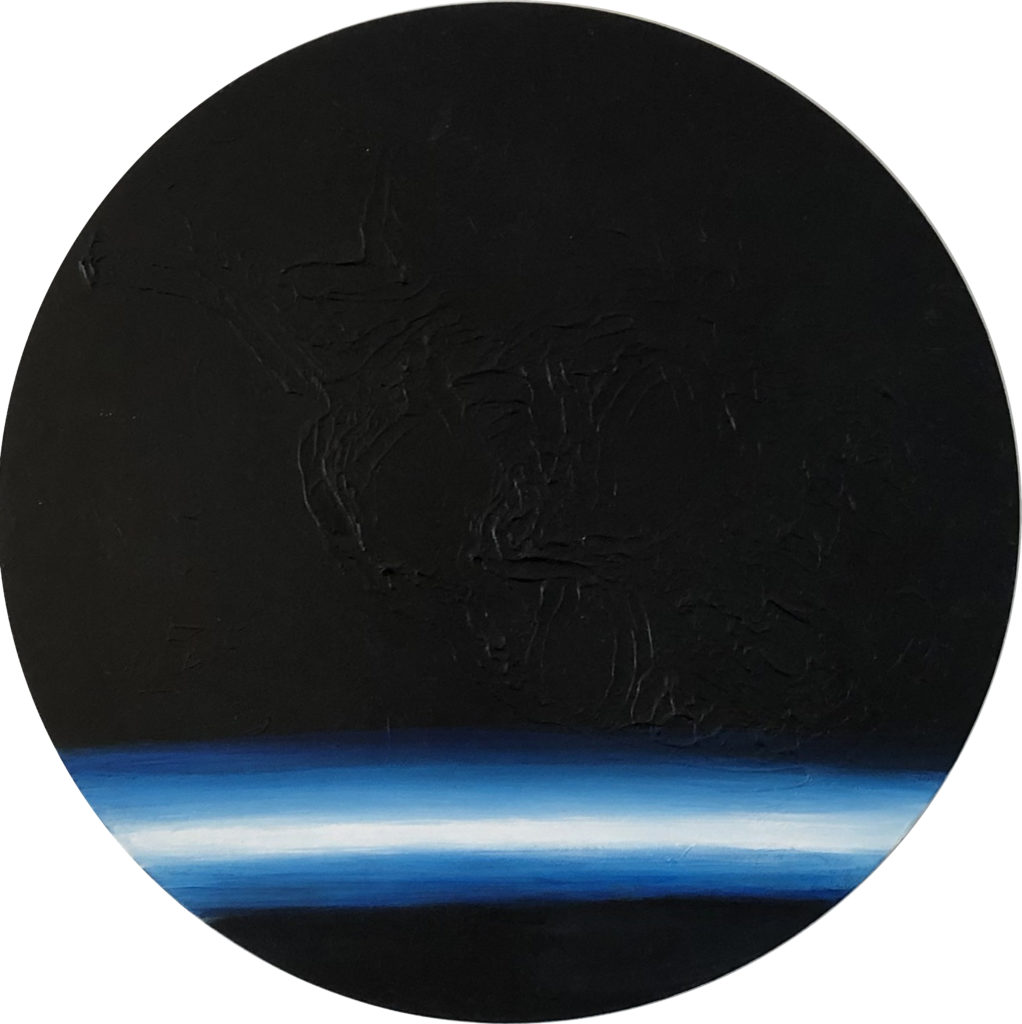 Cuadro con lienzo redondo pintado con pintura acrílica y acuarela y focalizando la obra en la textura. Imperfect Kosmos está incluido en la colección Imperfect Kosmos